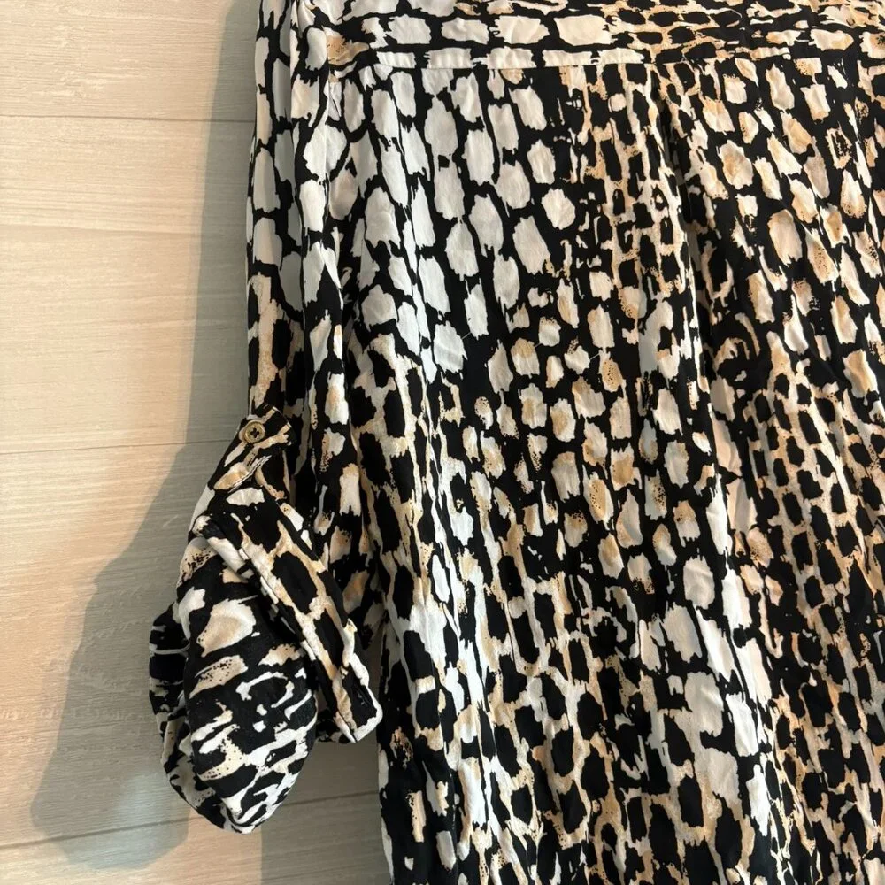 Calvin Klein Black Beige Animal Print Long Roll Tab Sleeves Buttons Up Shirt - Picture 6 of 7